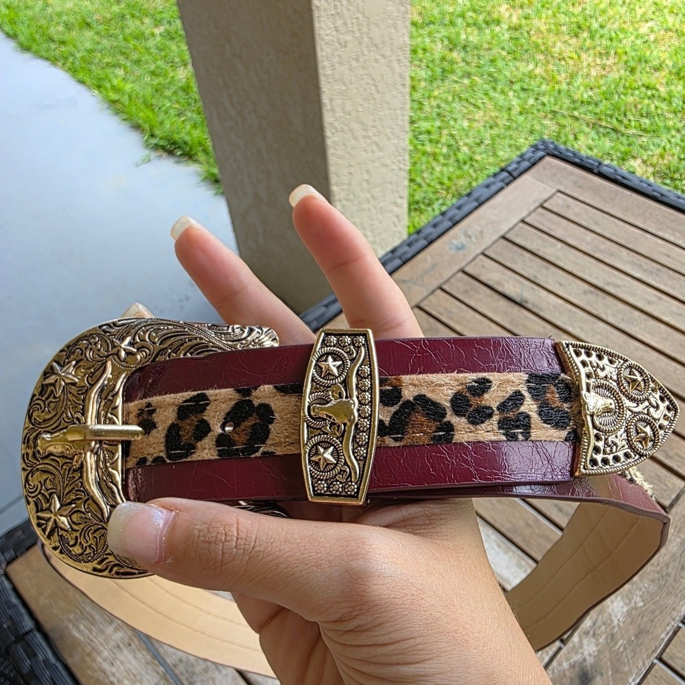 Western Burgundy Leopard Print Calf Hair Belt Gold Engraved Longhorn Buckle Wide